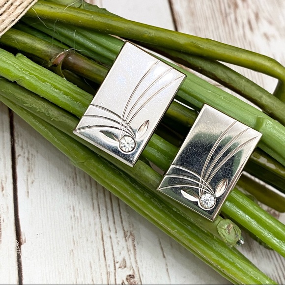 Vintage Foster Pat Pend Square CZ Stone Etched Silver-tone Cufflinks - Picture 2 of 9